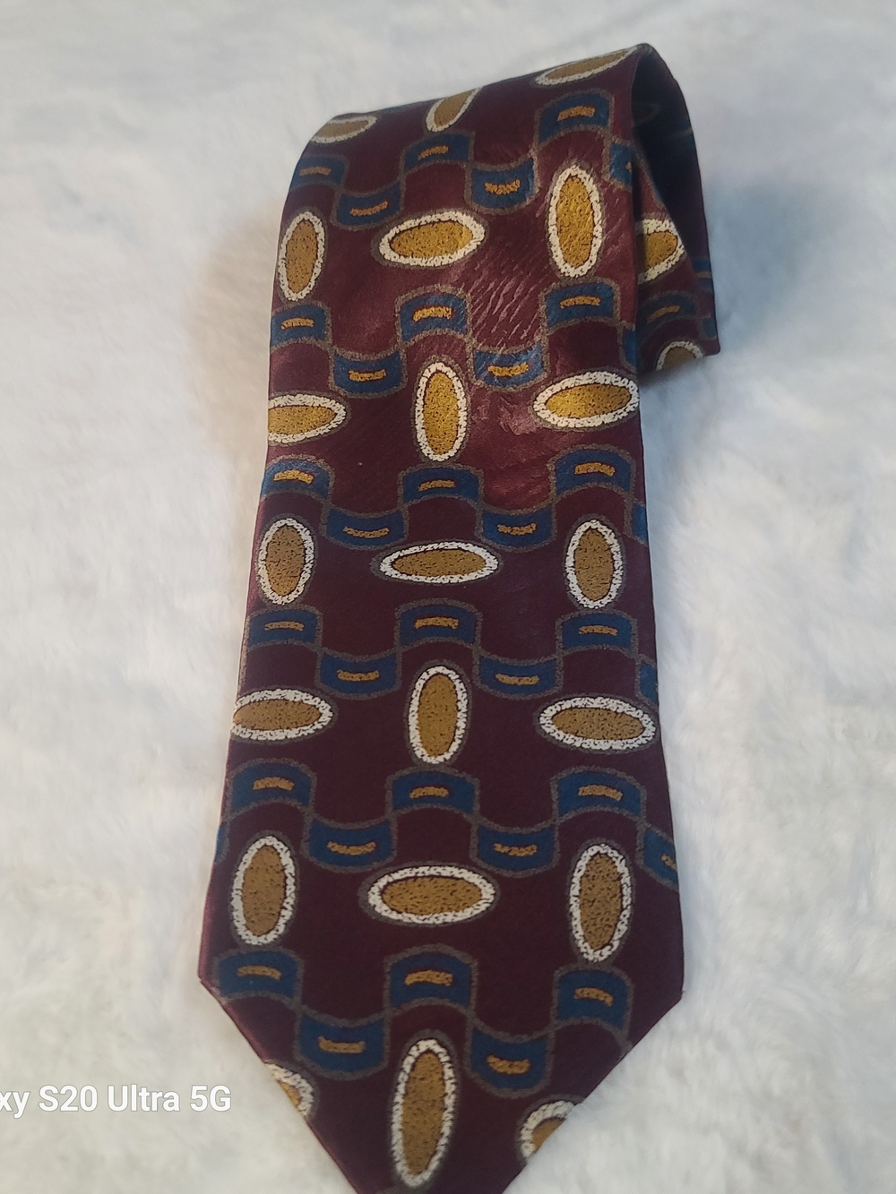 Geoffrey Beene Burgundy Silk Tie with Gold and Blue Medallions